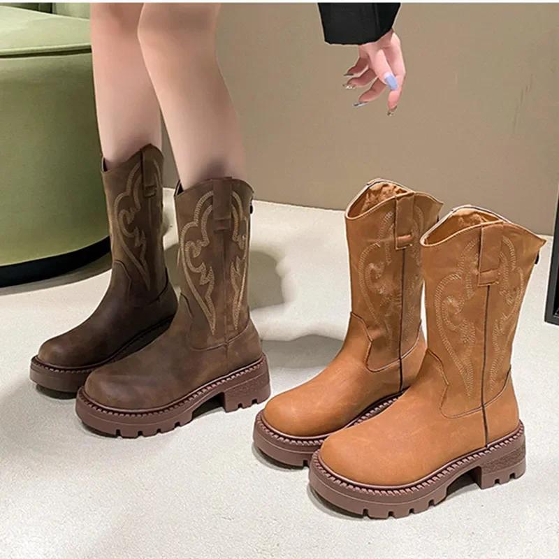 Ретро Вышитые Ботильоны на Массивной Платформе Женские Зимние Кожаные ПУ Ботинки на Молнии для Женщин Нескользящие Ковбойские Ботильоны