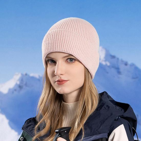 Winter Unisex Hat Knitted Thick Stretchy Piled Hat Solid Color Ear Protection Warm Daily Wear Cap Outdoor Skiing Skating Headwear