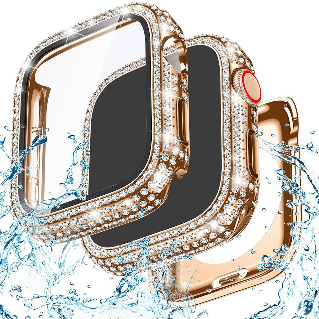 Стекло+Блестящий чехол для Apple Watch 44 45мм 41мм 40мм 42мм 44 мм Алмазный бампер+Защитная пленка для экрана iwatch series10 9 8 7 5 6 SE