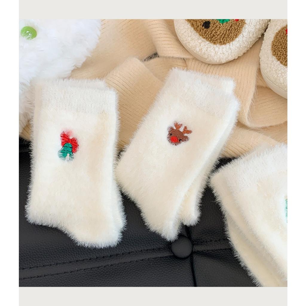 10-1 Pairs Autumn and Winter Socks, Children's White Mink Fur Christmas Socks, Snowman Santa Claus Christmas Tree Elements, Thickened Warm Socks