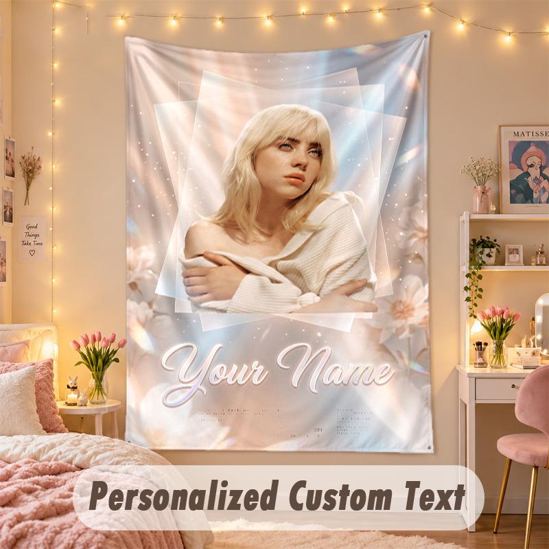 Custom Personalized Tapestry,Billie Eilish Print Custom Name Text Wall Art Hanging for Bedroom