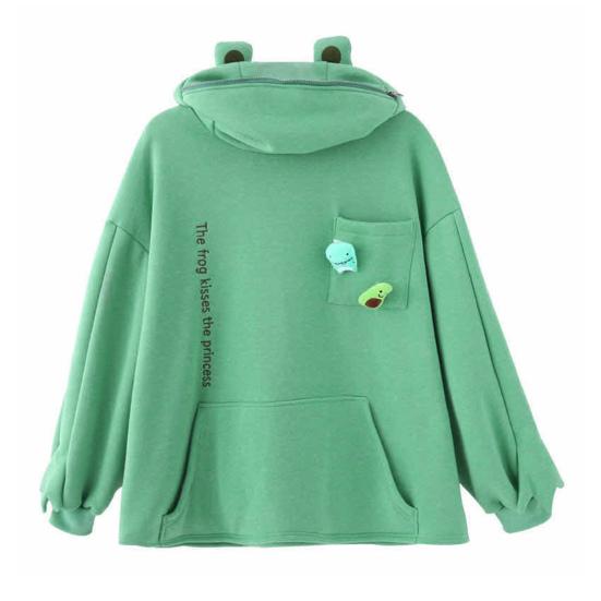 Унисекс Осень Зима Толстовка с капюшоном в форме лягушки Молния Капюшон Утолщенный плюш Теплый Вышитые буквы Большой карман Длинные рукава Пара Поездки на работу На Открытом Воздухе Отдых