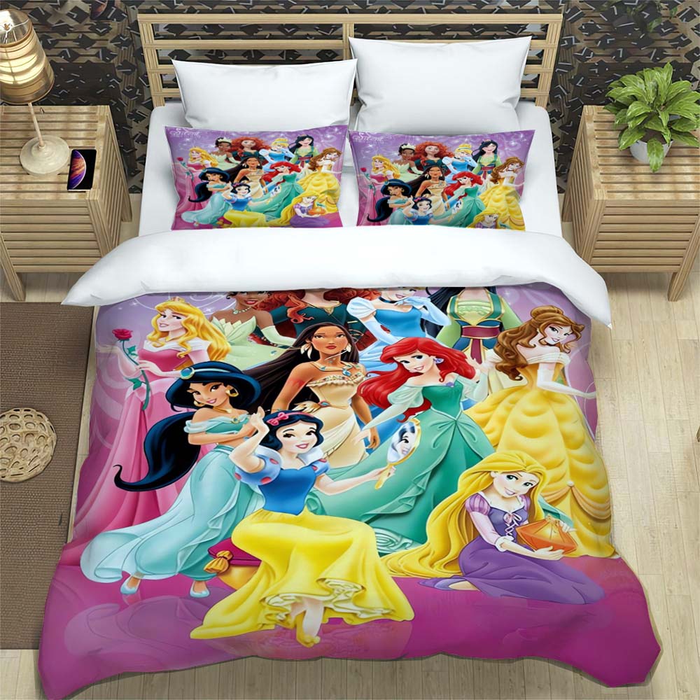 Princess series duvet cover set, 3D children's bedding three-piece set, includes 1 duvet cover and 2 pillowcases, extra large si