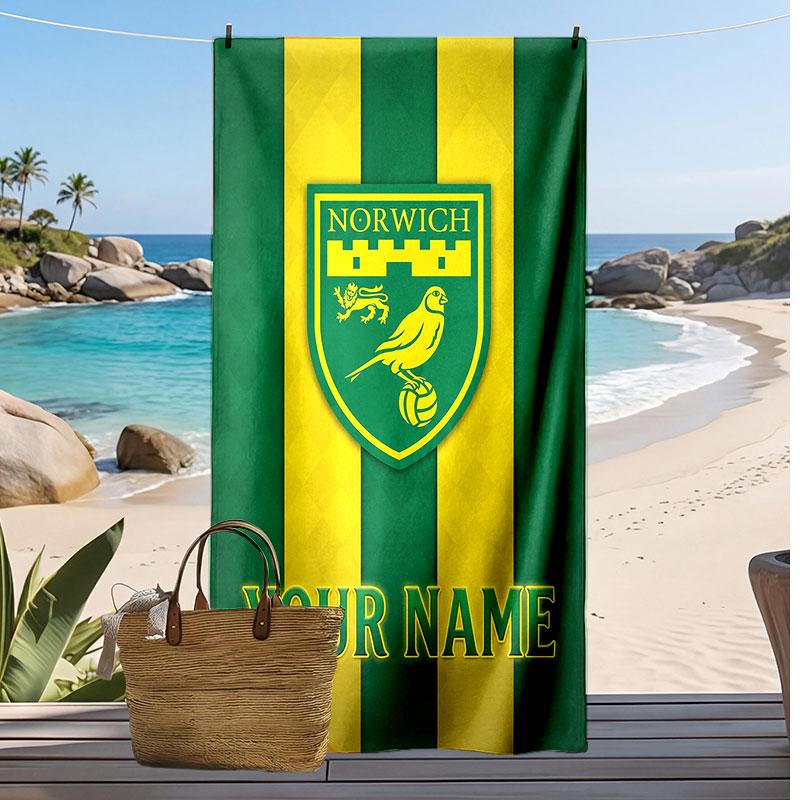 Norwich City Personalized Printed Beach Towel Soccer Logo Support Custom Name Text Absorbent Towel For Sport Travel Special Gift
