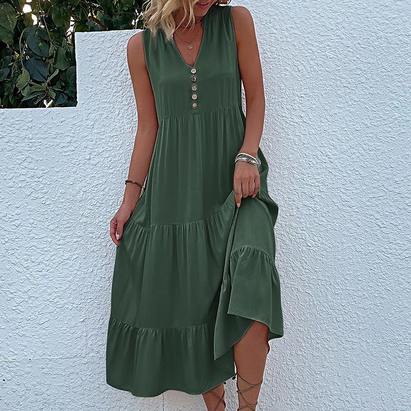 Sleeveless V Neck Casual Summer Women Dress Fashion Loose Elegant Office Ladies Dresses Layered Ruffled Solid A-line Female Dress 922
