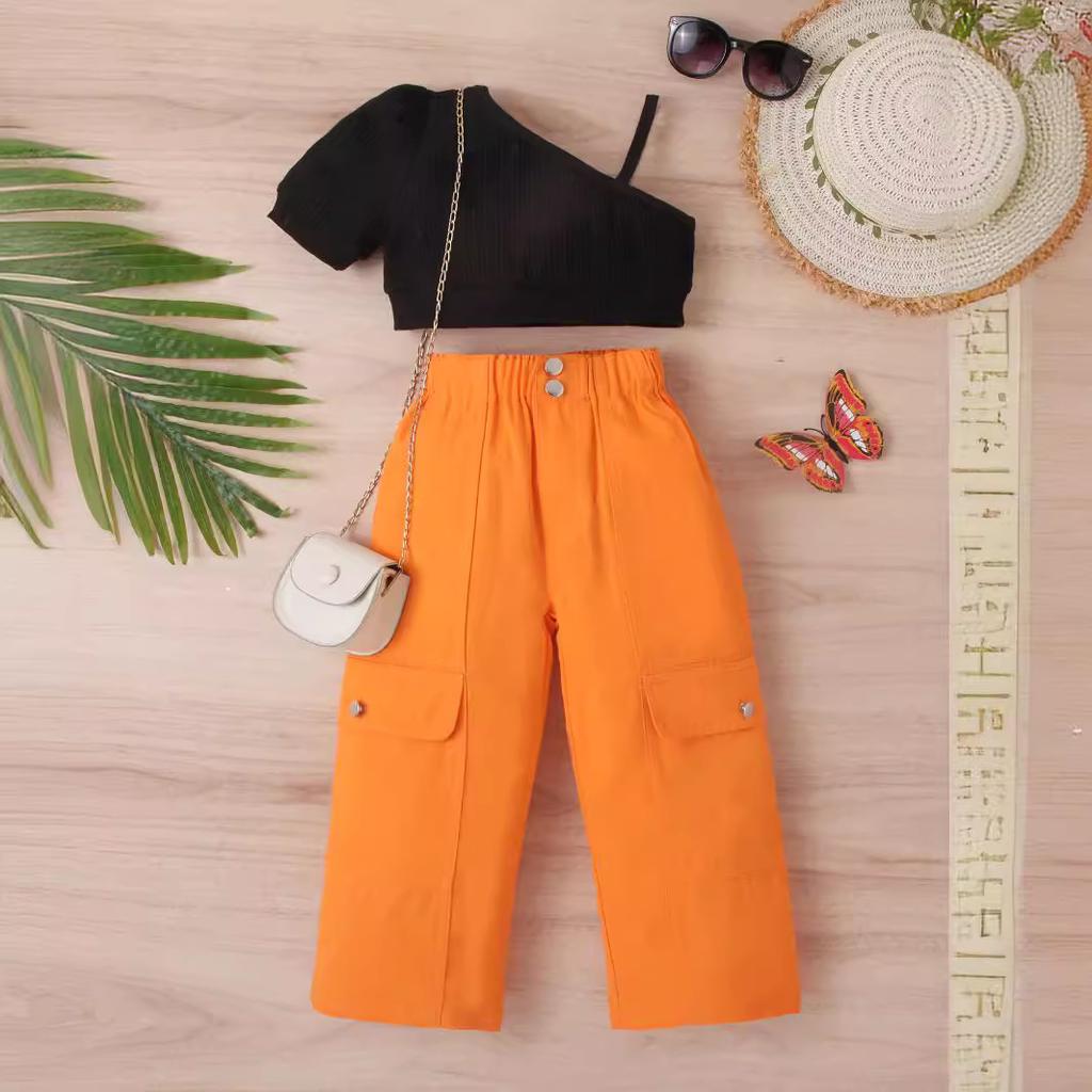Комплект одежды для девочек: Летний детский однотонный пуловер с короткими рукавами и открытыми плечами, комплект из двух предметов с цветными джинсовыми брюками