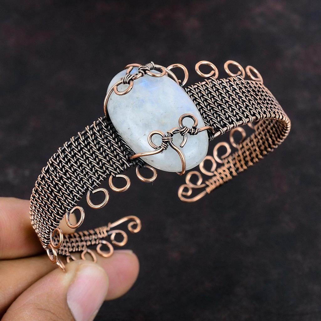 Радужный браслет-манжета с лунным камнем, браслет из медной проволоки, медные ювелирные изделия, драгоценный камень, регулируемый браслет, браслет ручной работы, ювелирное изделие, подарок для нее