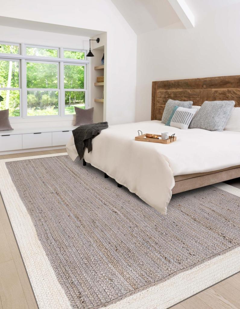 Aizza Trends Indian Handmade Braided White Border with Inner Gray Natural Jute Area Rug- Floor Carpet