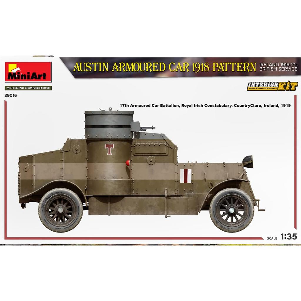Miniart Масштаб 1/35 Британский бронеавтомобиль Austin, модель 1918 года, Ирландия, 1919-1921, Полный интерьер, Пластиковая модель в наборе, MA39016, Предварительно окрашенный
