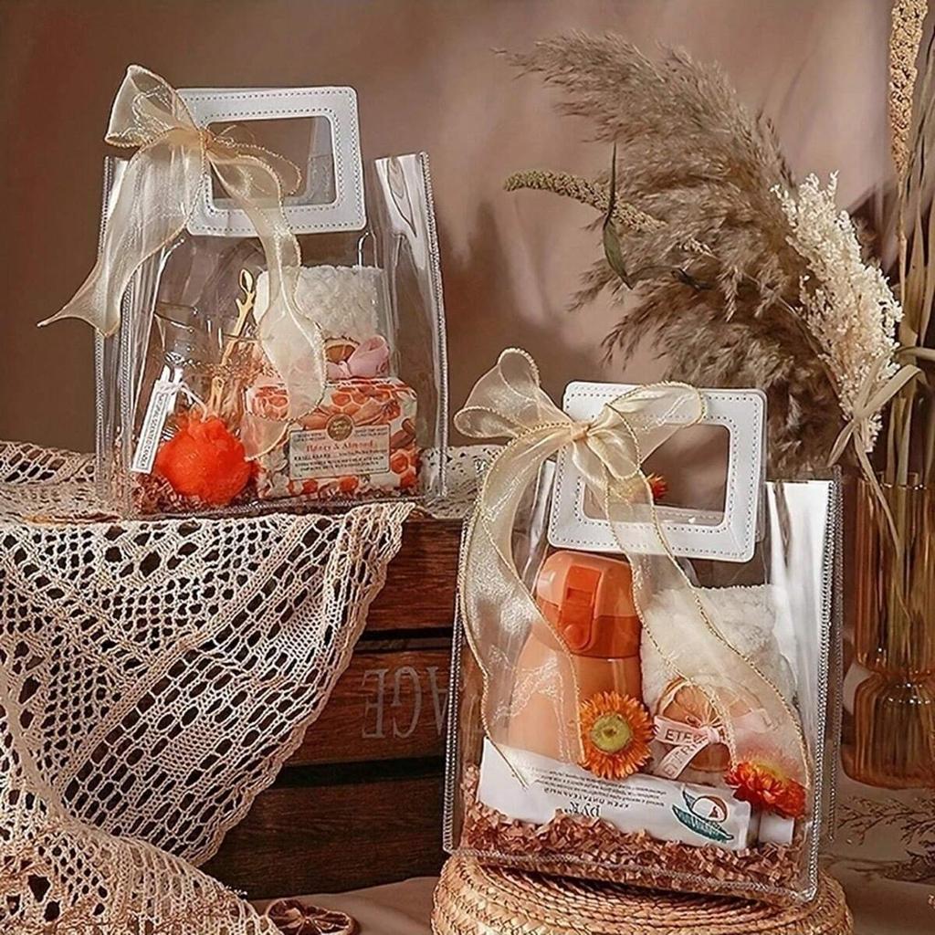 1pc transparent gift bag, reusable transparent tote bag, suitable for wedding parties,weddings,birthday shopping, and candy bags