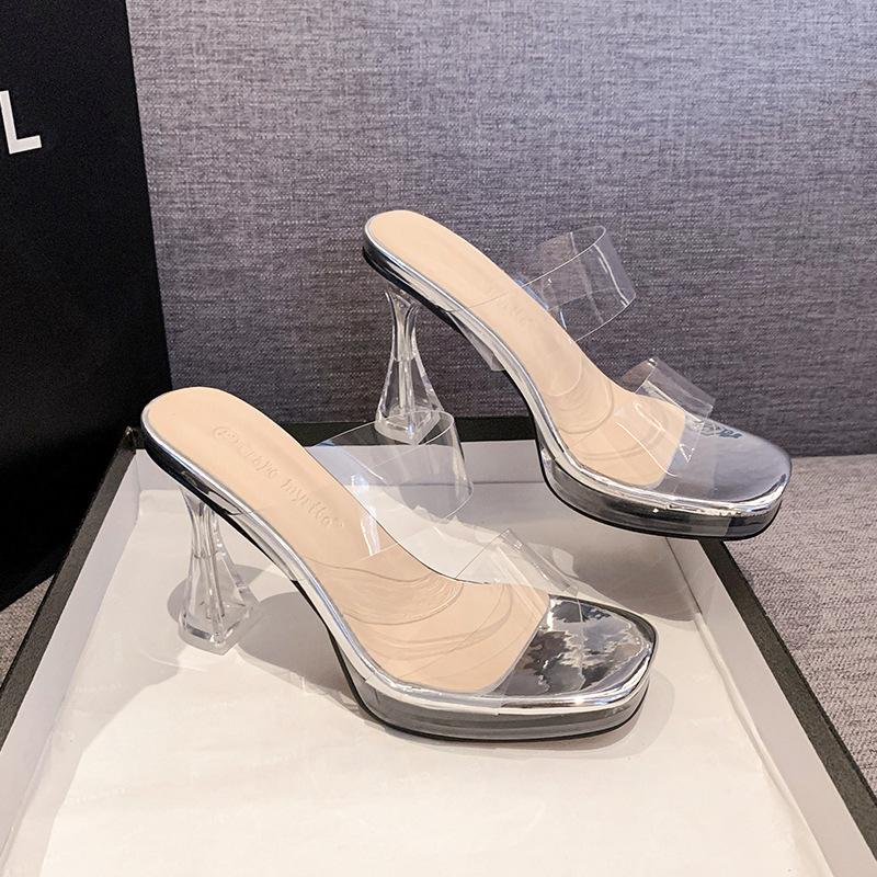 Летняя мода Прозрачные шлепанцы на платформе Сандалии Женские с открытым носком Перспекс Высокий каблук Прозрачная дизайнерская обувь Женские мюли Слайды