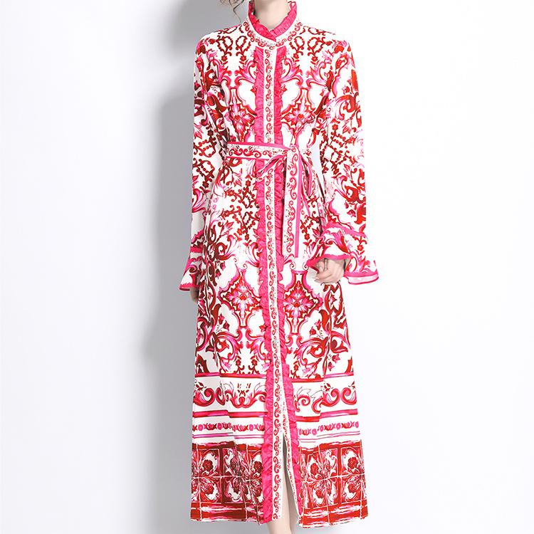 Весна-Осень, взлетно-посадочная полоса, желтый, красный, синий и белый фарфоровый халат с принтом, женские вечерние платья макси с рюшами и длинными расклешенными рукавами на шнуровке с поясом