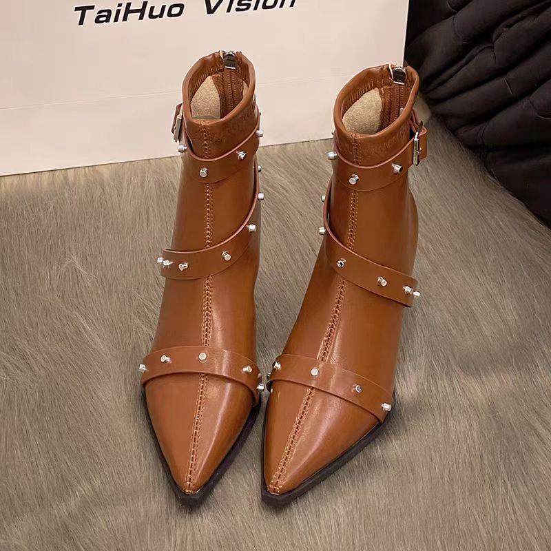 Модные женские хлопковые ботильоны на тонком каблуке, зимние новые, с острым носком, молнией сзади, заклепками, противоскользящие, износостойкие