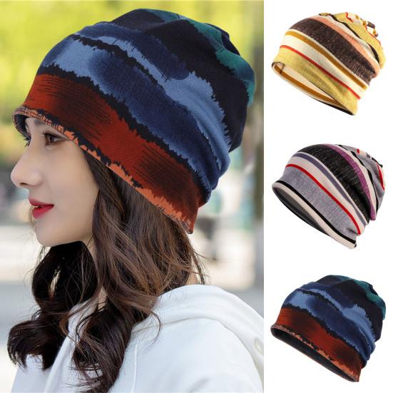 Unsiex Fall Winter Hat Striped Color Matching Elastic No Brim Regular Fit Baggy Ear Protection Anti-shrink Soft Decorative Hip Hop Women Men