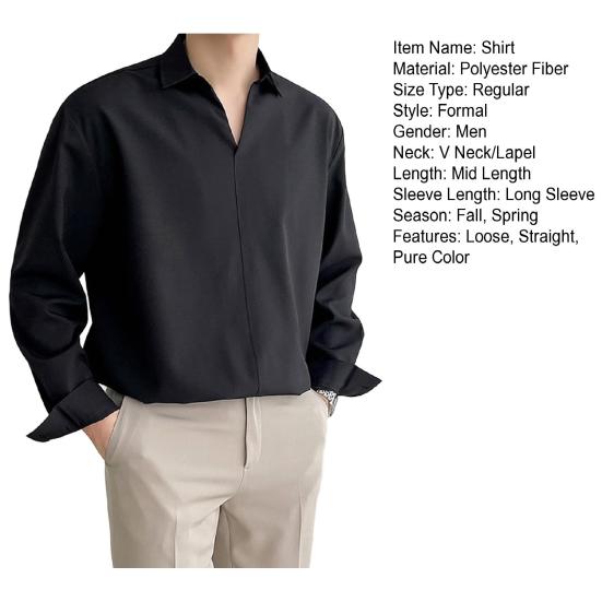 Мужская рубашка весна-осень с V-образным вырезом и лацканами, официальная офисная рубашка, шелковистая свободная прямая рубашка-пуловер, деловой топ для свиданий и вечеринок