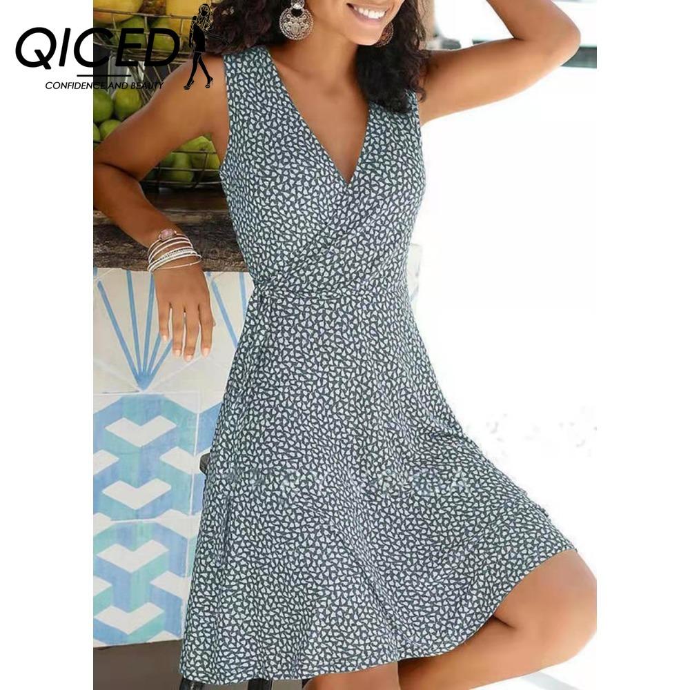 QICED Polka Dot Print Dress Women Sleeveless Bandage Beach Dress Summer Bohemian Dresses For Women Casual V Neck Dresses Female Robe