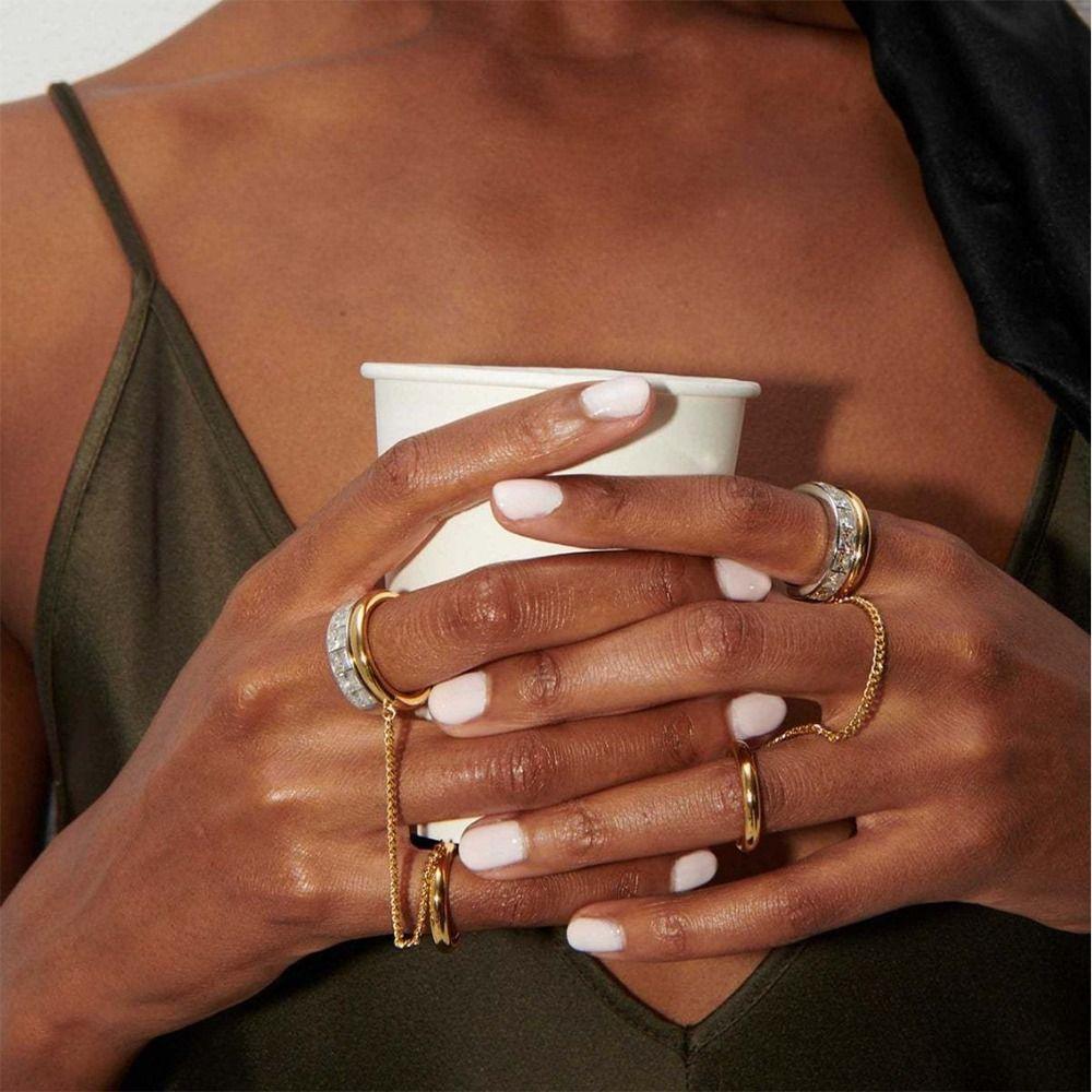 Zircon Chain Ring 18K Gold Silver Hip Hop Jewelry Trendy Tassel Metal Rings  for Party Daily Wear