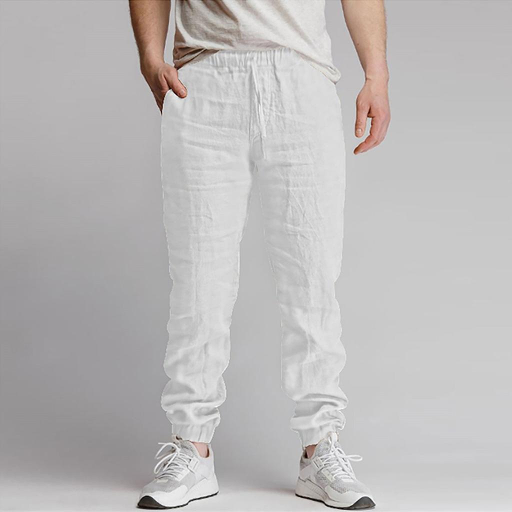Новые мужские однотонные спортивные повседневные дышащие брюки из хлопка и льна со шнурком