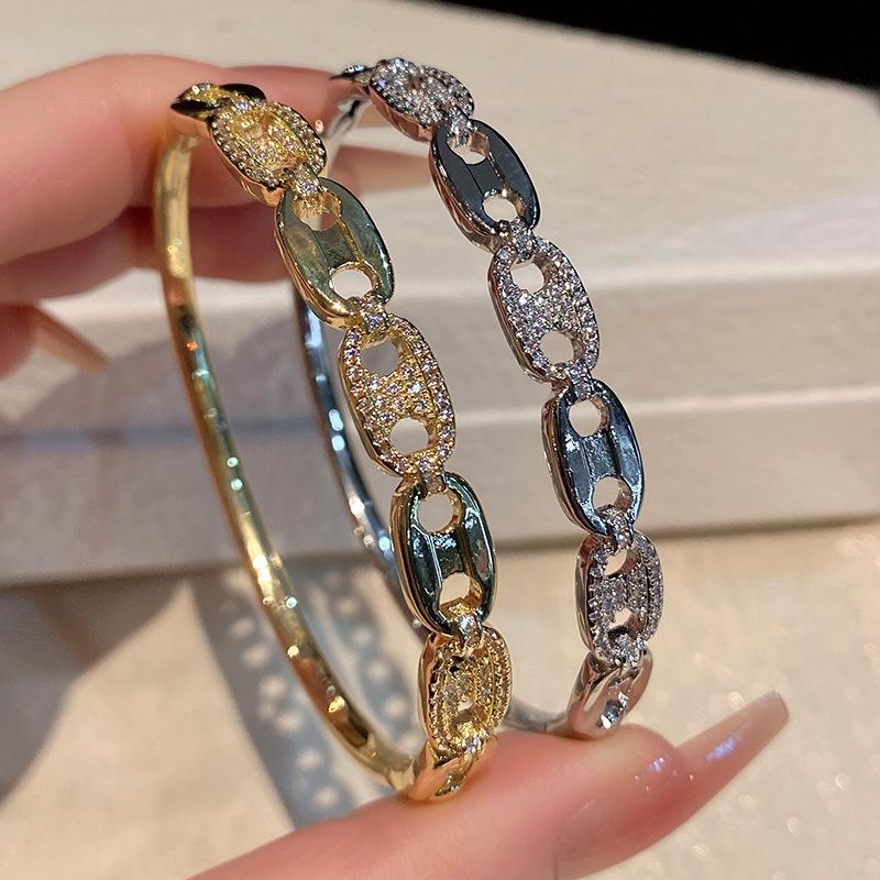 Новый браслет в форме свиного носа с инкрустацией из бриллиантов на половину лица, женский легкий роскошный позолоченный браслет ручной работы