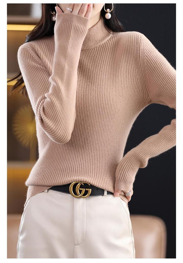 Women's Slim-Fit High-Neck Wool Base Layer Sweater - Slimming Long-Sleeved Knitwear for Autumn/Winter