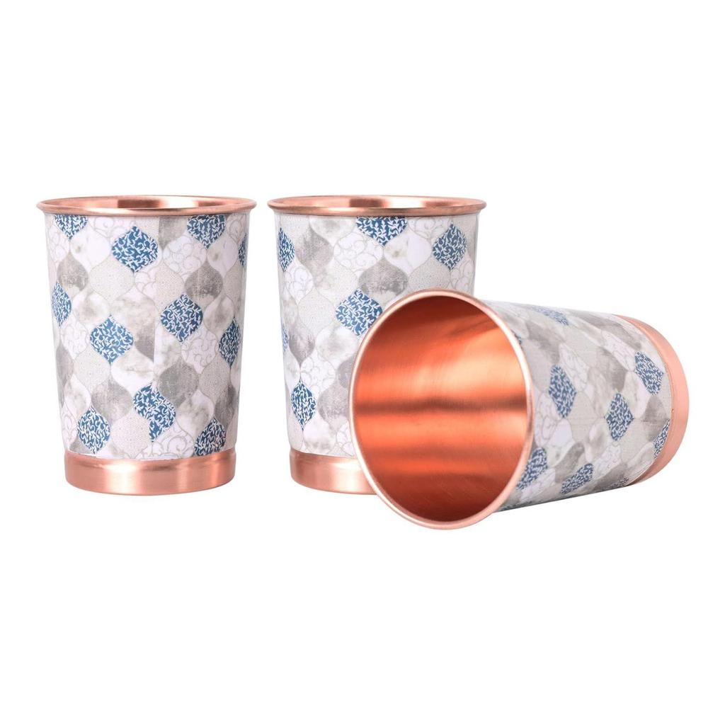 Copper Printed Design 250ML Water Glass with Rust Proof Protection for Home and Office Use Ayurveda and Yoga Health Benefits Glass Set of 6