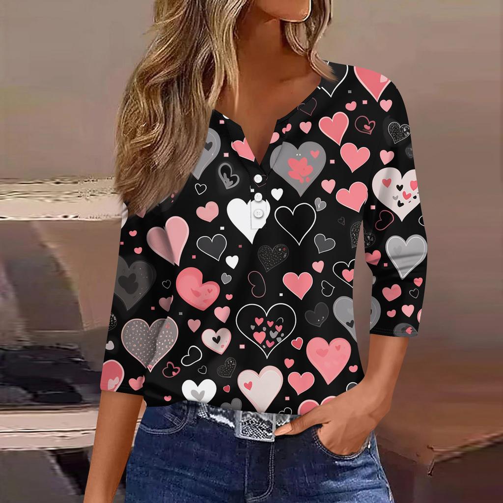 Женская модная рубашка на пуговицах с V-образным вырезом, рукавом три четверти, с принтом ко Дню святого Валентина