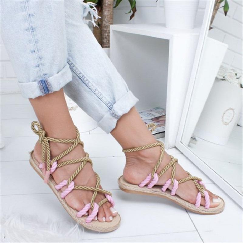 Fashion 2024 New Sandals for Woman's Shoes Braided Rope with Traditional Casual Roma Style Simple Creativity Fashion Pink Summer Lace-up