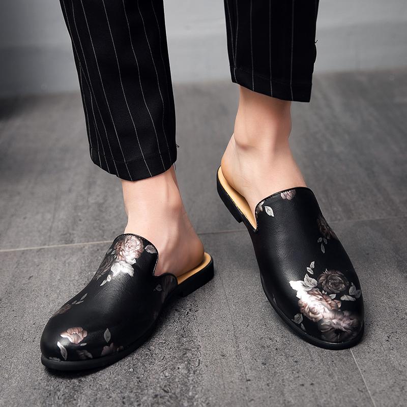 Большого размера цветы кожаные полуботинки для мужчин черные мюли без задника лоферы тапочки полусабо повседневная обувь шлепанцы слипоны балетки