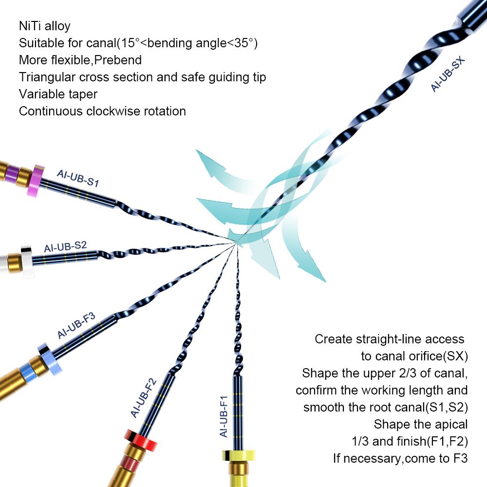Файл для корневых каналов AI-UB, 6 шт., 25 мм, Ultimate Blue Prebend, треугольное сечение, переменная конусность, непрерывное вращение по часовой стрелке для лечения
