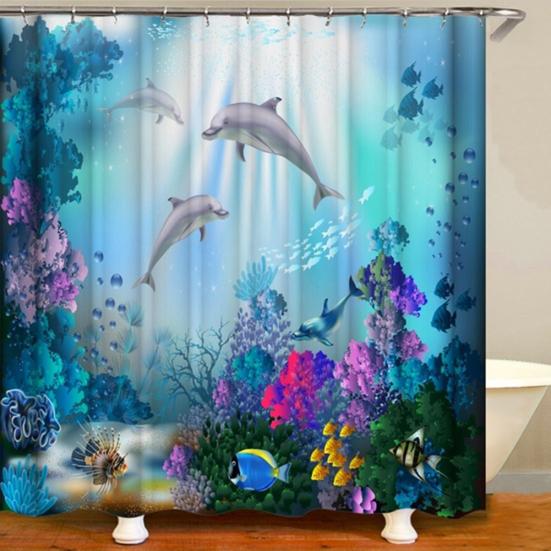 Sea Dolphin Print Waterproof Bath Shower Curtain Cushion Home Bathroom Decor AVE