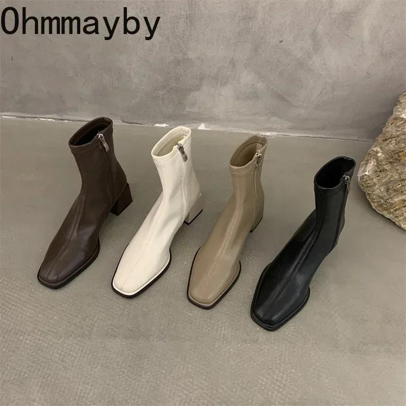 Fashion Women Ankle Boots Woman Square Heel Fashion Zipper Autumn Winter Women's Shoes Leather Girl's Short Booties