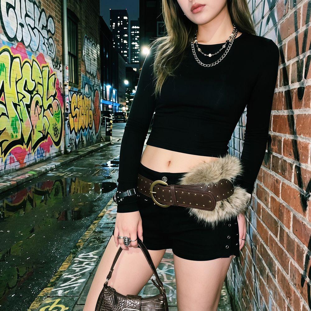 Rivet Furry Fur Belt PU Leather Plush Belt Vintage Y2K Waistband Jeans Decor