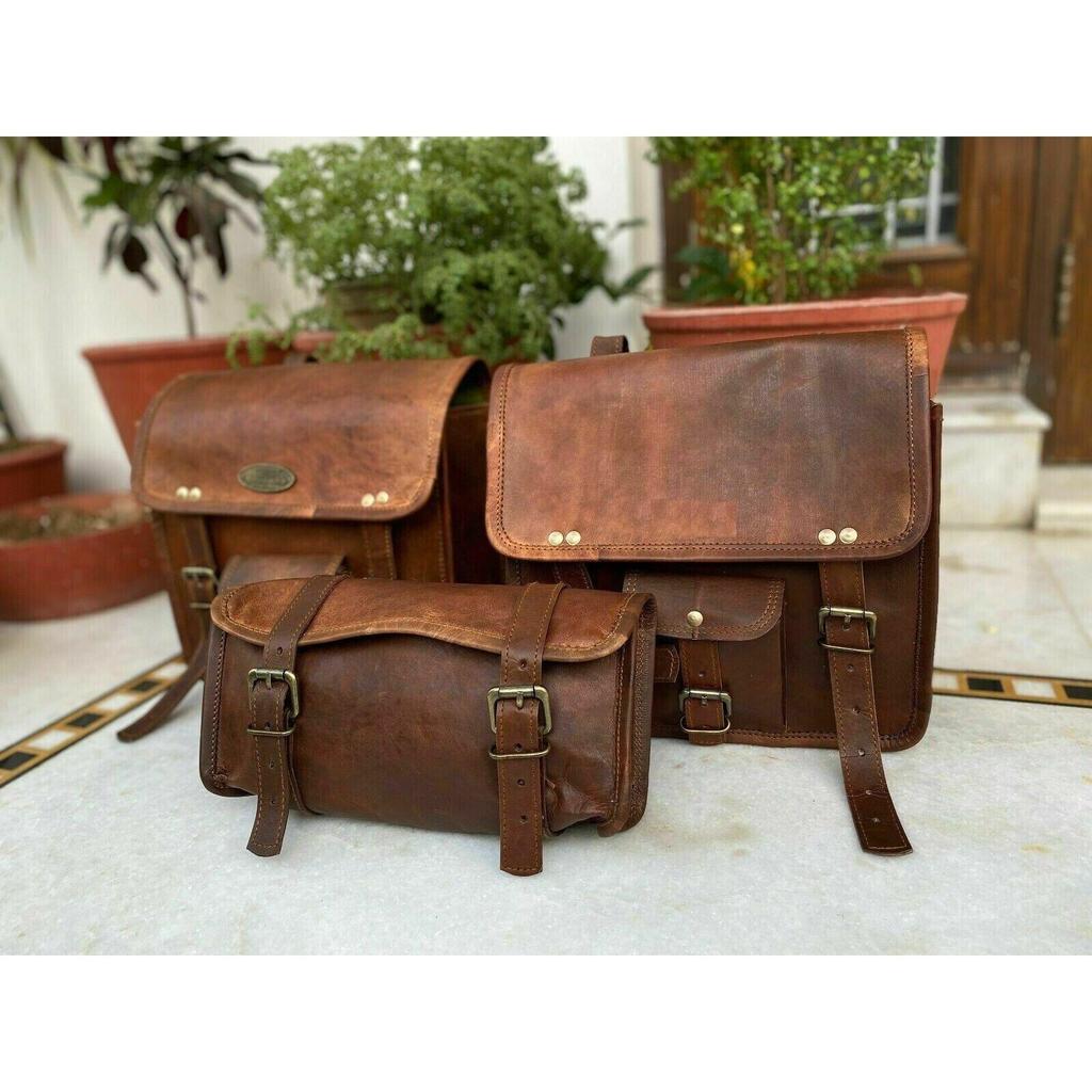 Leather Motorcycle Saddle Bag Pouch Side Bags Panniers Tool Luggage Brown Combo