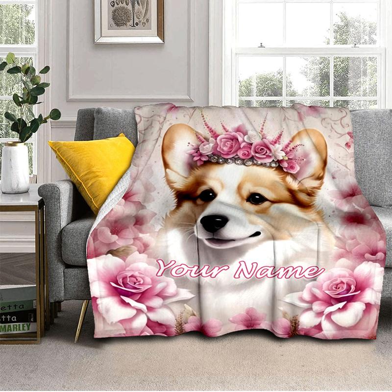 1PC Custom Name Floral Corgi flannel blanket versatile, all-season throw suitable for the living room, bedroom, camping, travel, and gift
