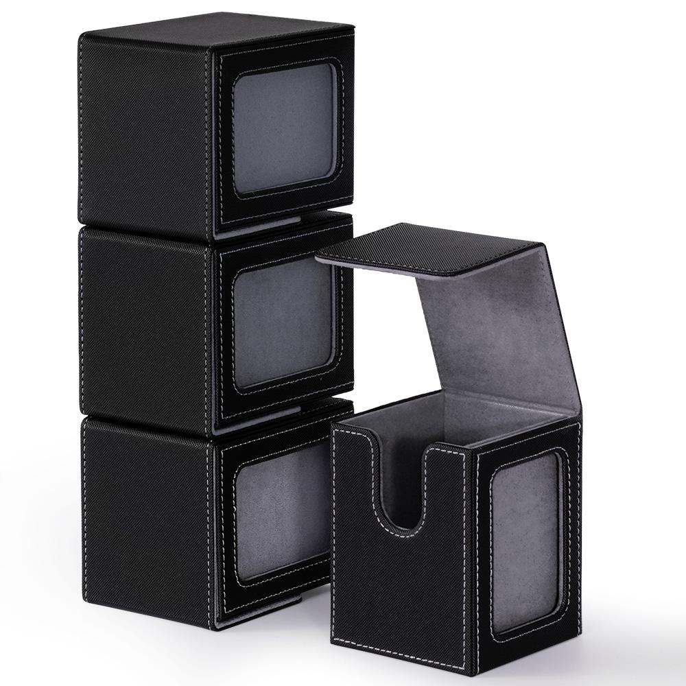 4 Pack Card Deck Box with Display Window, Hold 120 + Single Sleeved cards,Magnetic Closure PU Leather Card Box for TCG Cards