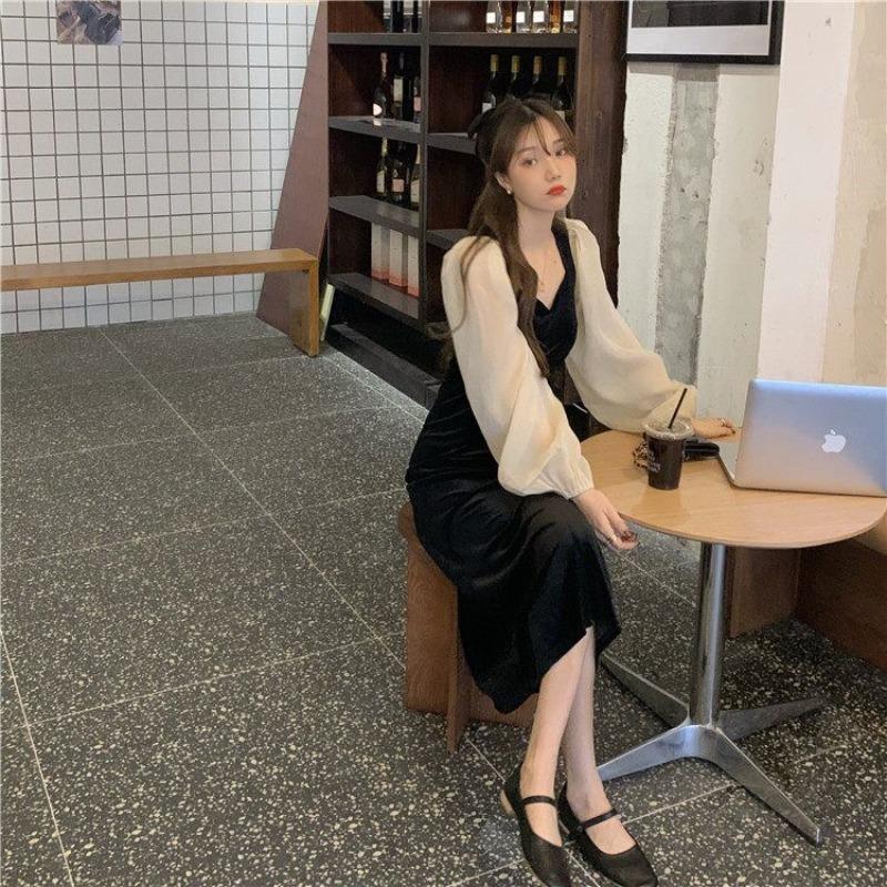 Autumn Winter Square Collar Patchwork Vintage Dress Women Lantern Long Sleeve Elegant Fashion Robe Vestidos