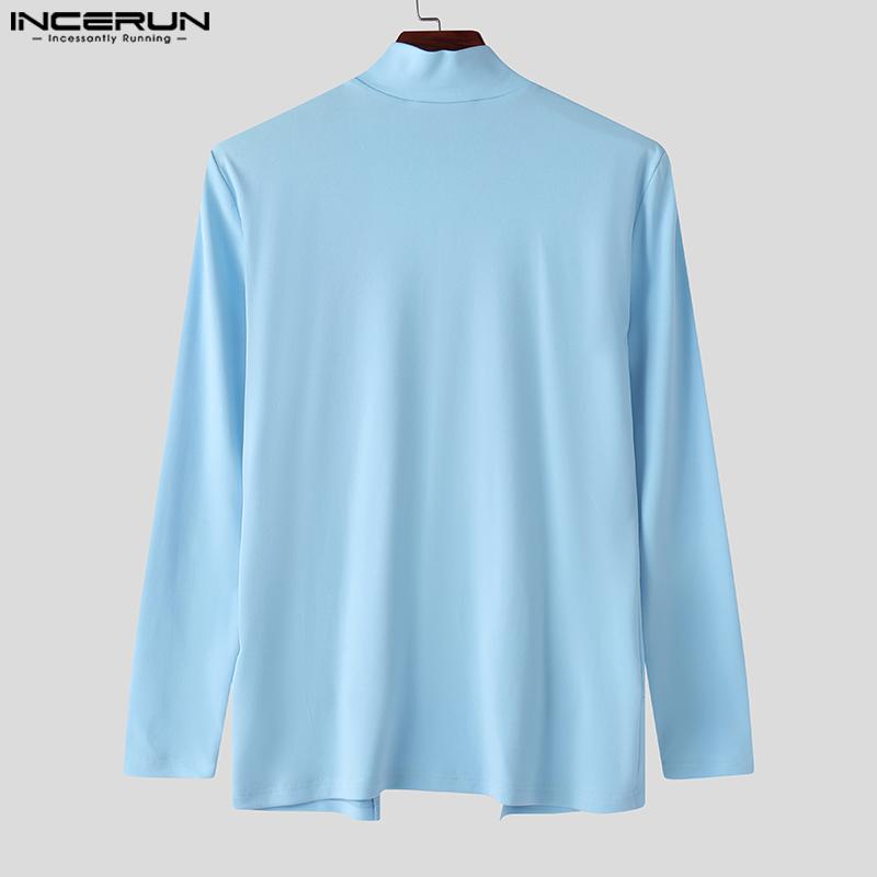 INCERUN Мужские весенние топы с воротником-стойкой, длинными рукавами, на молнии, повседневные, приталенные, майки