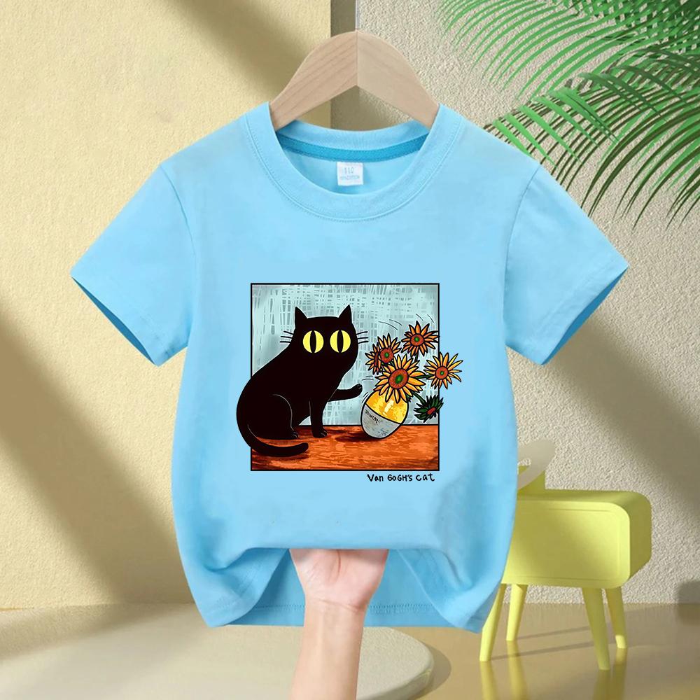 Van Gogh Cat Graphic T Shirts Boysgirls Flower Black Cat Tshirt Round Neck Short Sleeve Trendy Tee Kawaii Kids Clothing