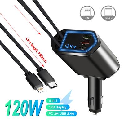 Выдвижное автомобильное зарядное устройство 120 Вт 4-в-1 USB-C Быстрая автомобильная зарядка для телефона Адаптер с USB-портами для iPhone Samsung Автомобильные аксессуары