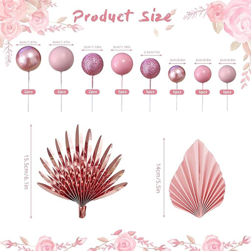 33PCS Balls Cake Toppers Palm Leaves Cake Decorations for Birthday Wedding Baby Shower Party Supplies Mother's Day