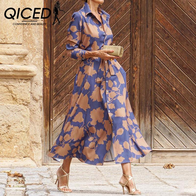 QICED Весеннее женское модное платье средней длины с принтом темперамента