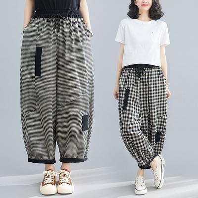 Летние хлопковые и льняные шаровары с узором «гусиная лапка» больших размеров для женщин