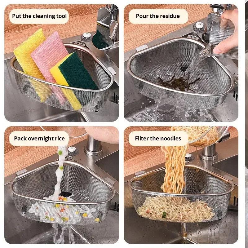 1 шт. Треугольная корзина для слива раковины из нержавеющей стали, сетчатый фильтр для кухонных остатков, корзина для протечек, полка для хранения овощей