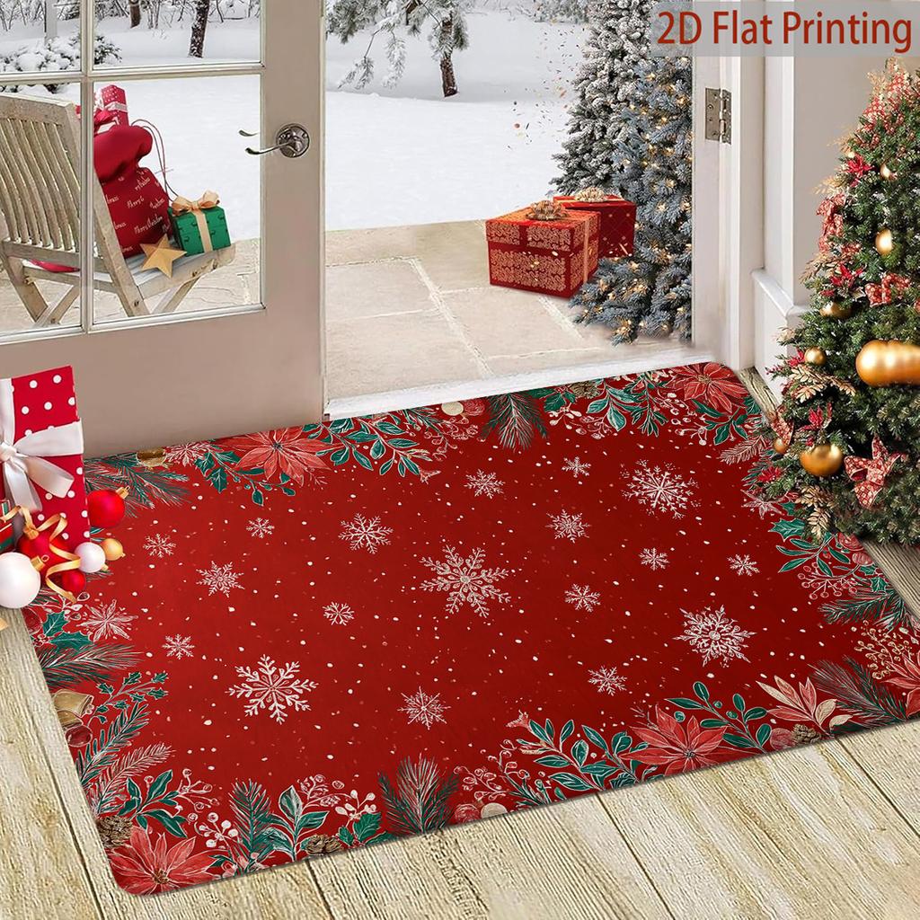 2D Flat Printed Simple and Elegant Red Background Snowflake Christmas Doormat, Poinsettia Holly Doormat, Machine Washable Holiday Floor Decor Rug, Ind