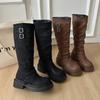 Европейский и американский стиль толстый каблук ботфорты женские 2025 зима новые тонкие модные ботинки ретро мятые высокие трубы ботфорты до колена