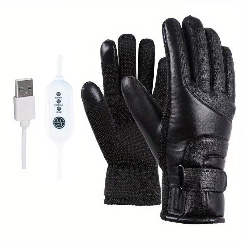 USB Heated Gloves PU Winter Electric Warming Gloves Soft Leather Heating Cycling Gloves Winter Outdoor Warm Gloves Ski Gloves