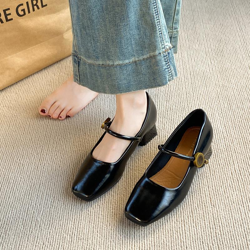 Coarse Heel Single Shoes Autumn Light Mouth Versatile Retro Mary Jane Shoes Women's Lace-up Metal Decorative Square Head One-word Strap Single Shoes