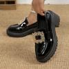 Square Buckle Rhinestone Shoes Women 2024 New Round Toe Pumps Black Patent Leather Mary Jane Shoes Fashion Slip-on Ladies Loafer