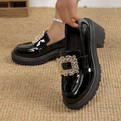 Туфли со стразами и квадратной пряжкой, женские, 2024, новые туфли-лодочки с круглым носком, черные лакированные туфли Мэри Джейн, модные женские туфли-лоферы без застежек