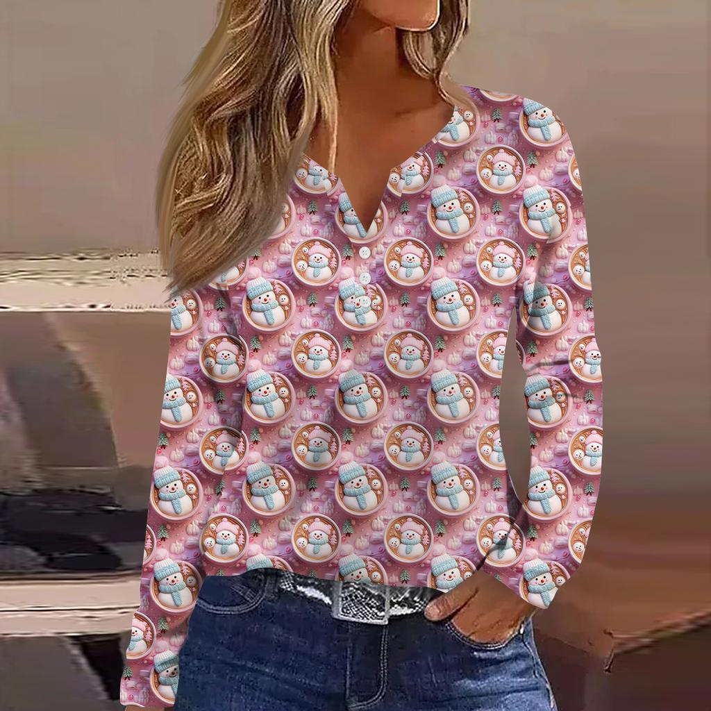 Women's Fashion Casual V-Neck Button-Up Long-Sleeve T-Shirt With Christmas Print Top